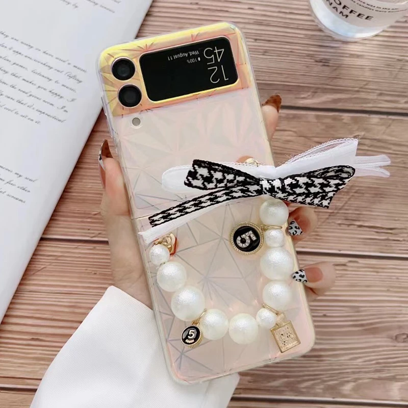 

Модный чехол для телефона с бантом, браслетом и цепочкой для Samsung Galaxy Z Flip 3, прозрачный противоударный чехол с откидной крышкой