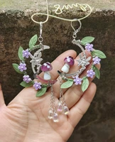 purple mushrooms standing on silver plated moongreen leaf fairy dangle earrings forest woodland earringscottagecore jewelry