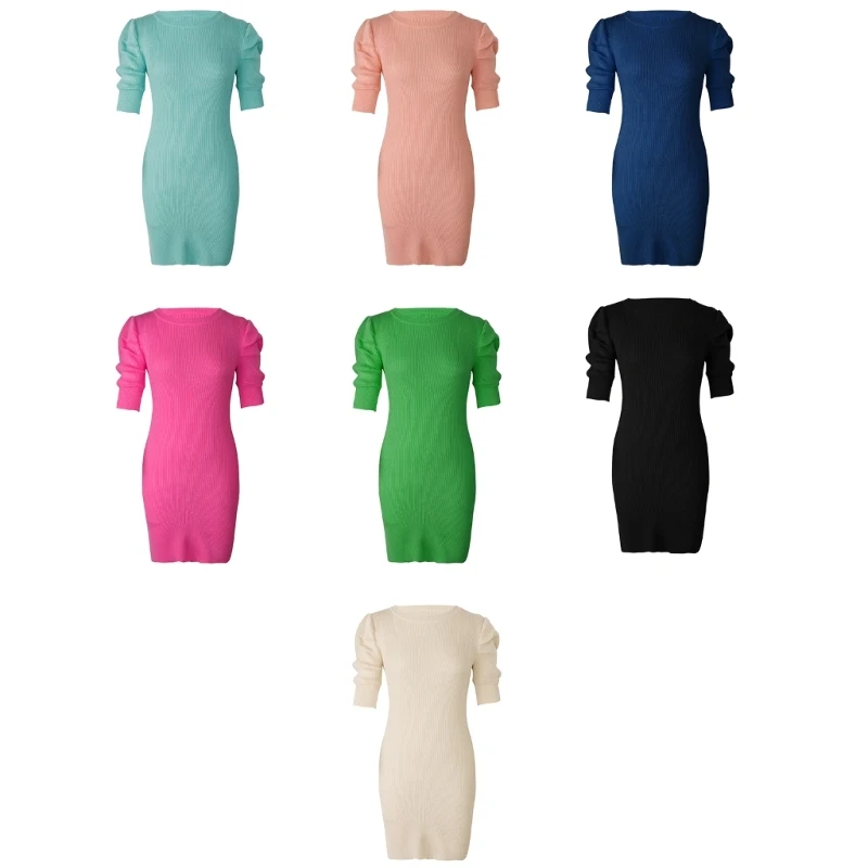 

Women Summer Puff Half Sleeve Crew Neck Ribbed Knitted Bodycon Midi Dress Simple Solid Color Empire Waist Pencil Dresses N7YD