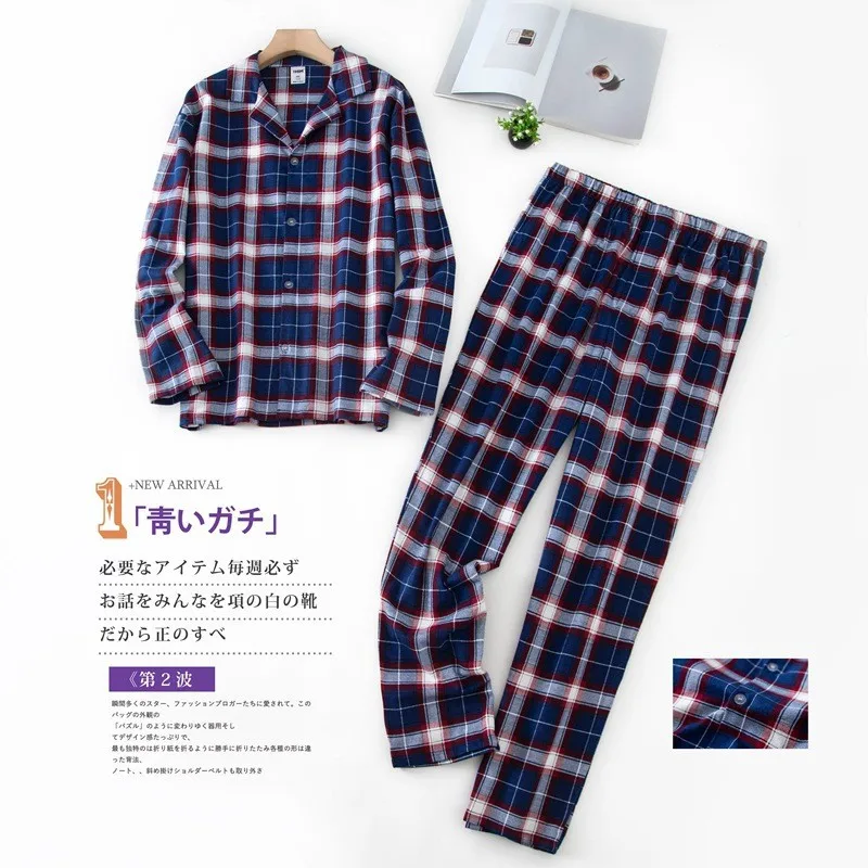New Cotton Mens Winter Plaid Long Sleeve Pants Flannelette Pajamas Set Men Sleepwear Keep Warm Flannel Nightgown Couple Set