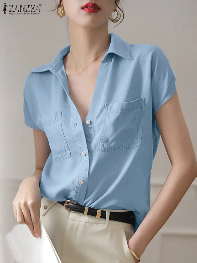 

Повседневная Блузка ZANZEA с отложным воротником, винтажные женские джинсовые рубашки с коротким рукавом и карманами, летние модные однотонные туники, топы 2023