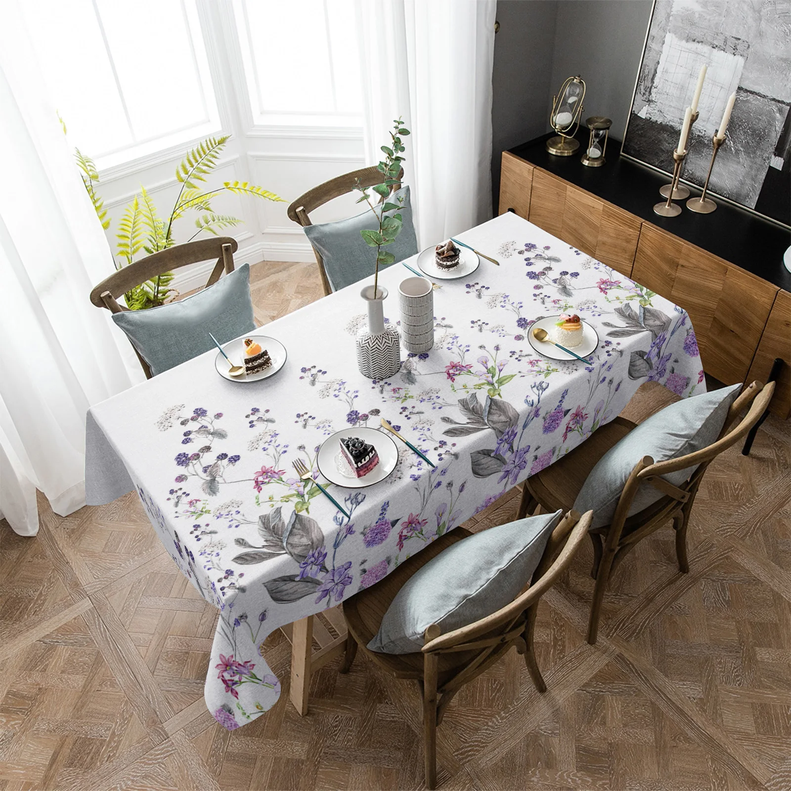 

Plants Purple Flowers Rectangular Tablecloth Dustproof Picnic Cloth Home Decoration Kitchen Waterproof Table Cover