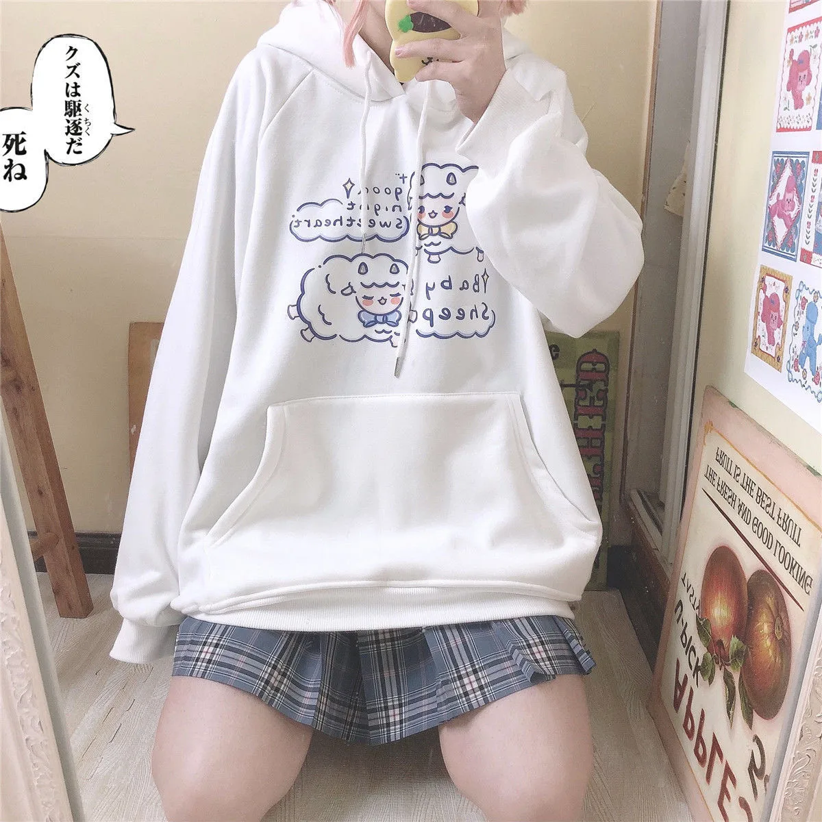 

Cute Sheep Print Hoodie Sweatshirt Spring Women Japan Loose Tops Oversize Korean High Street Hoodie Long Animal Coats Streetwear