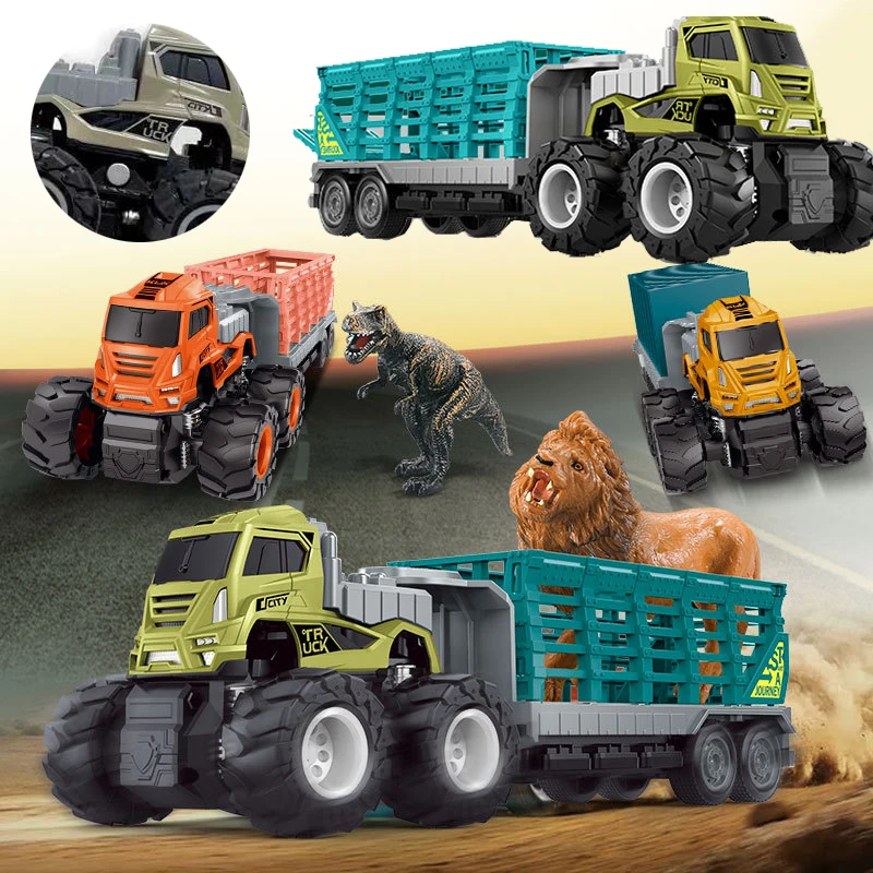 

New Alloy Car Toy Truck Model Four-Wheel Drive Inertia Trailer Animal Dinosaur Lion Tiger Transporter Boy Toy Diecast Best Gifts