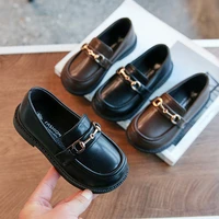 2022 spring new girls british boys leather shoes children soft mary janes metal kids fashion casual solid black slip on loafers