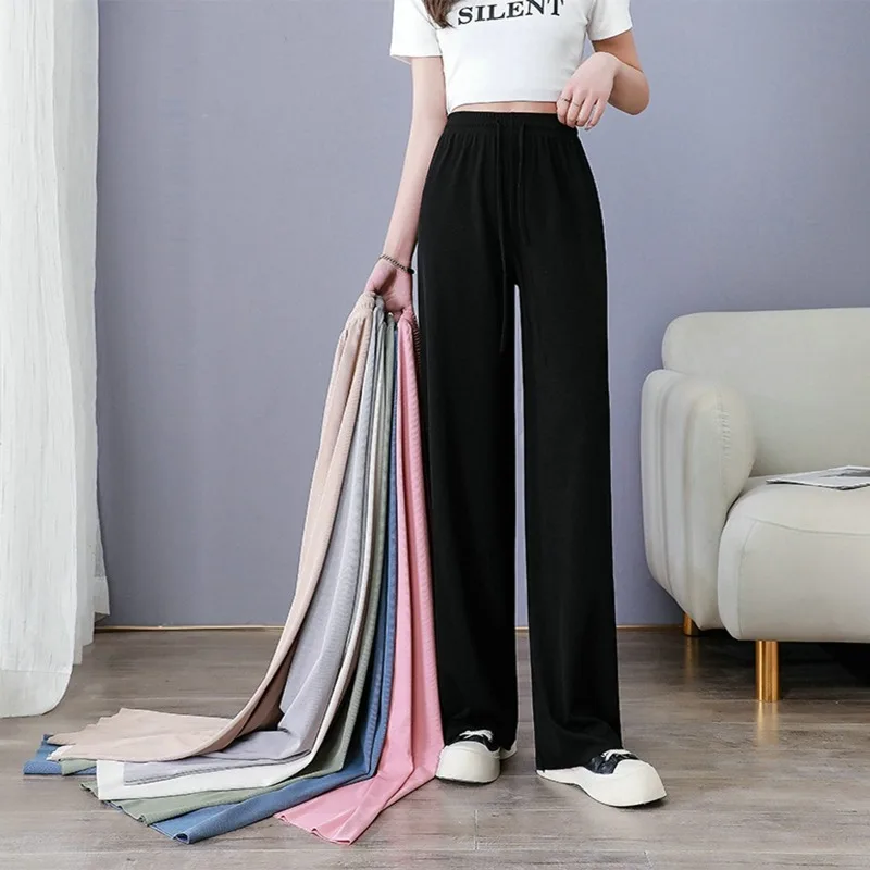 High Waist Straight Pant Korean Loose Sweatpants Long Trousers Ice Silk Pants Women Summer Wide Leg Pants Drawstring Pants