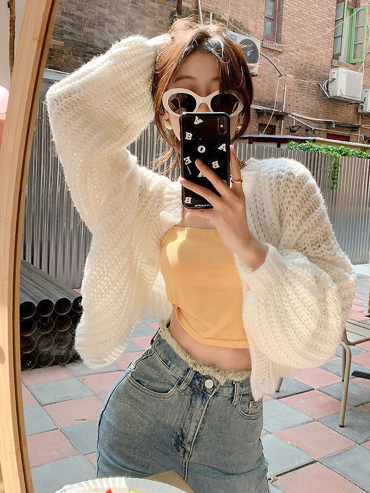 

Korean Autumn Chunky Knitted Cardigan Women Designer Oversize Cropped Sweater Puff Sleeve Round collar Short Outerwear 2023 New