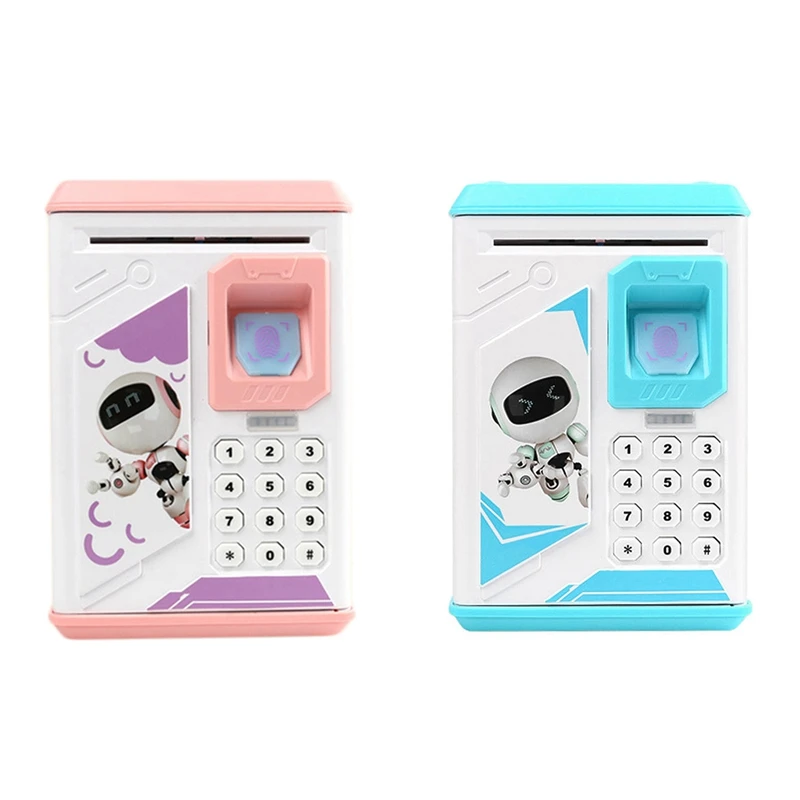 

2X Electronic Piggy Bank Atm Password Fingerprint Money Box Cash Coins With Music,Blue & Pink