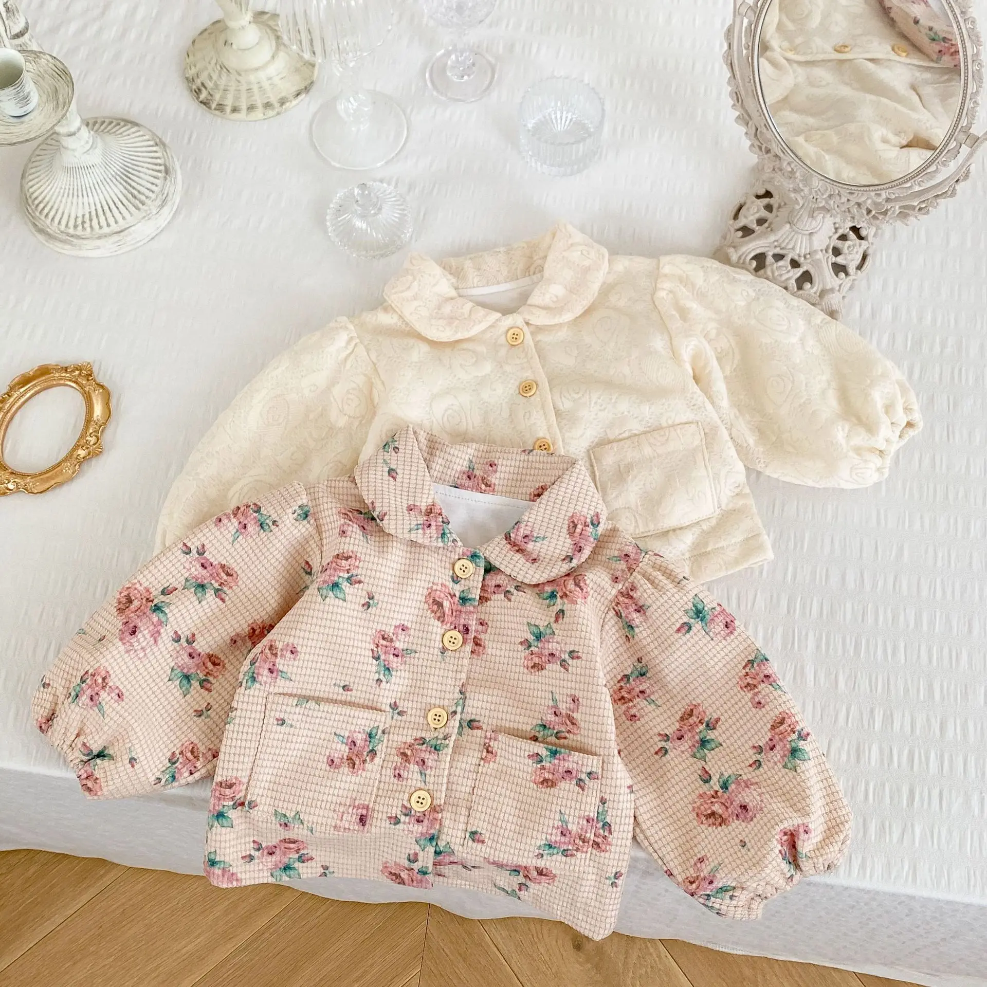 

2022 Autumn Winter New Children Girl Flower Pockets Puff Sleeves Coats Boy Baby Cardigan Print Tops Kid Full Cotton Outerwears