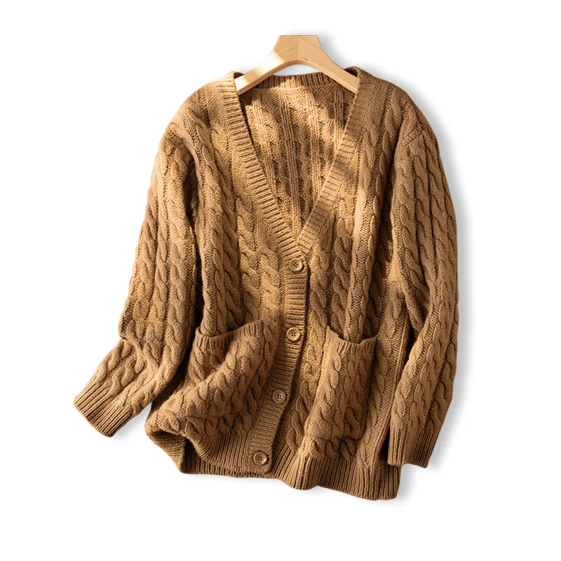 

Warm Sweater Autumn Winter New 100% Wool White Cardigan Thick Women England Style Solid Single Breasted Loose Fit V-Neck