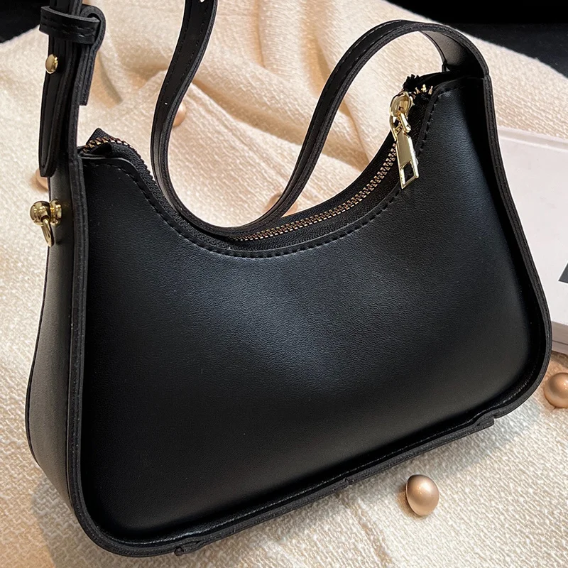 

Female Medium Black Underarm Bag Soft Pu Leather Women's Shopper Casual Handbags Wide Strap Original Young Ladies Shoulder Bags