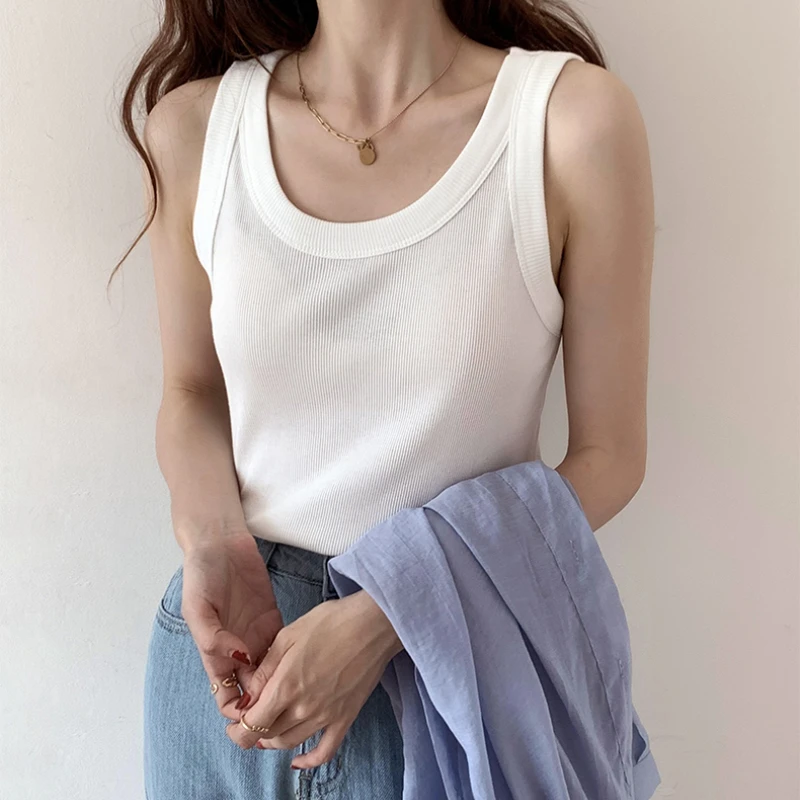 

Майка женская трикотажная с круглым вырезом, повседневный эластичный облегающий Топ без рукавов, базовая уличная одежда, на лето