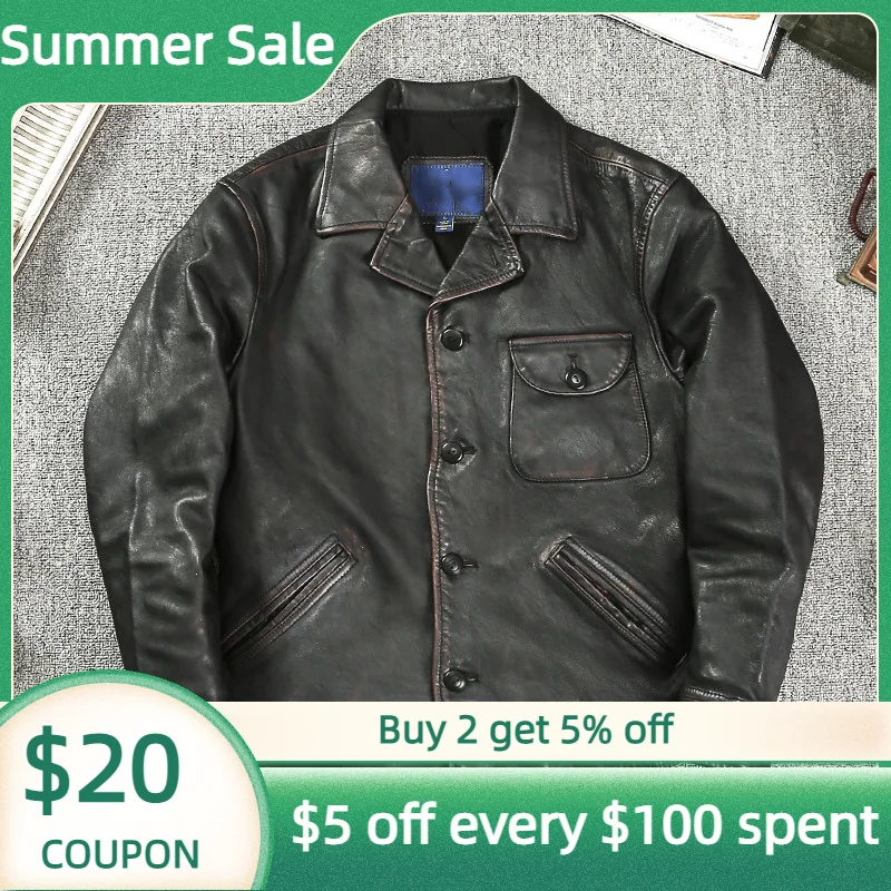 

2022 винтажная Черная мужская куртка из натуральной кожи, японский ретро повседневный стиль размера плюс 3XL, Настоящая Натуральная Конская шу...