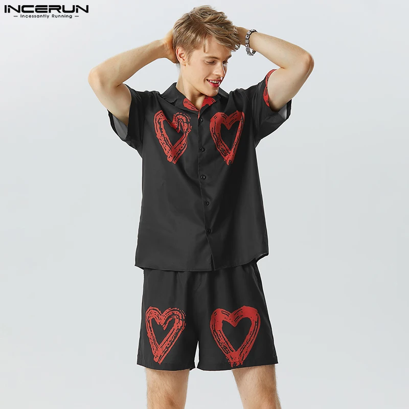INCERUN 2023 American Style Men's Fashion Sets Love Printing Short Sleeved Shirts Shorts Casual Streetwear Two-piece Sets S-5XL