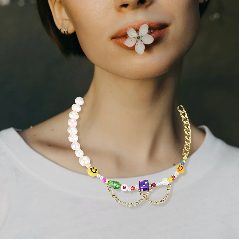 

New Pearl Necklace For Women Choker Boho Cuban Link Chain Star Beads Y2k Jewelry Streetwear Copper Gold Color Neck Chain For Men