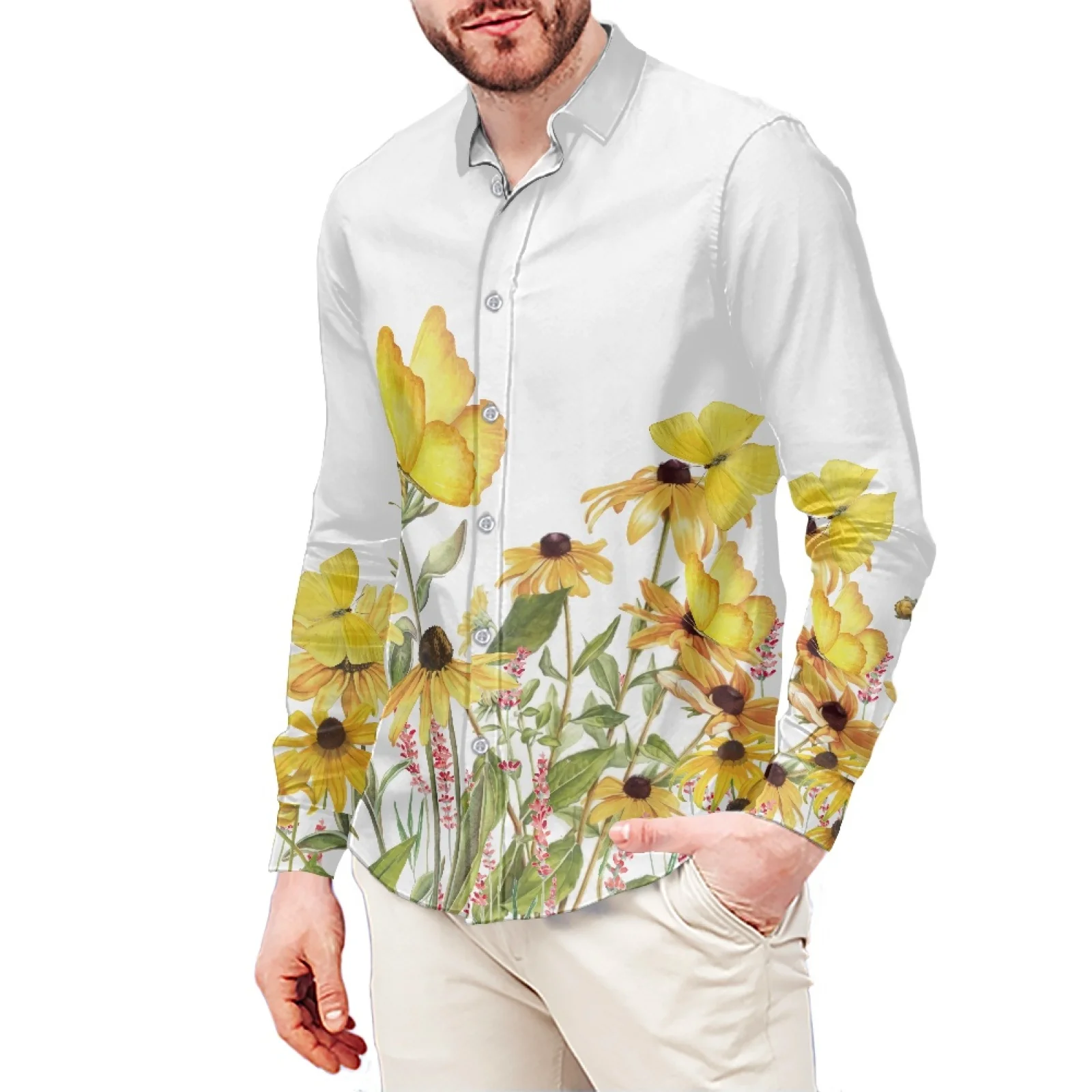 White Shirt Sunflower Print Slim T-Shirt Polynesian Samoa Hawaiian Style Long Sleeve Shirt Men's Dress Shirt Wedding S-6xl
