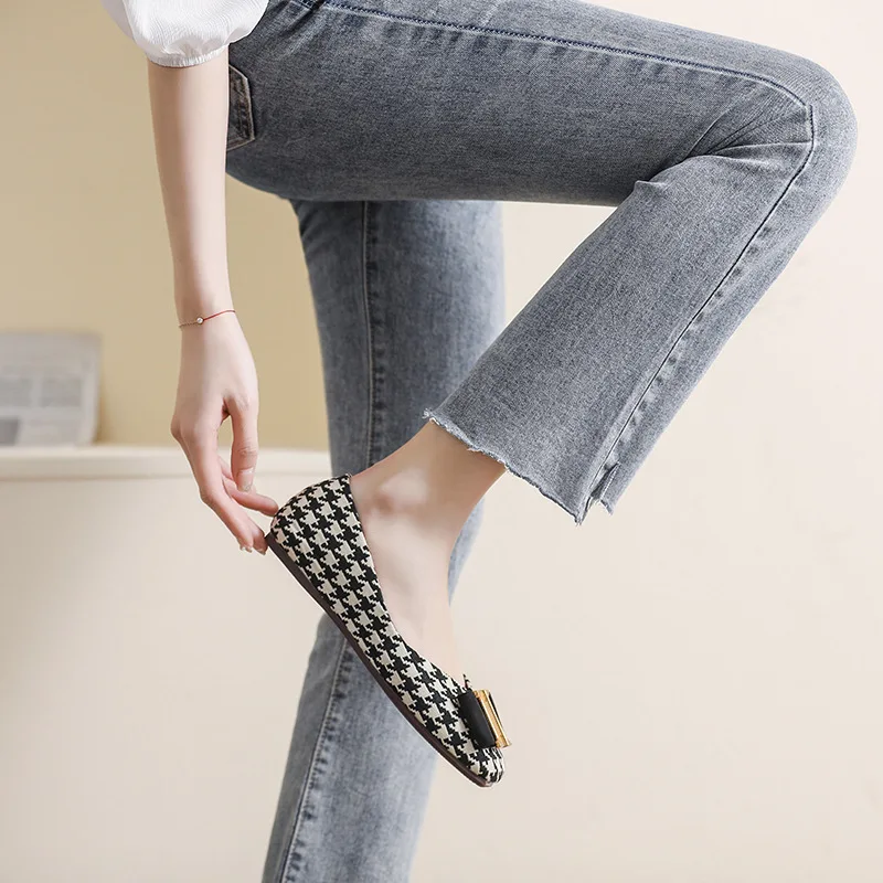 Spring Autumn New Casual Square Toe Women's Shoes Retro Simple Plaid Beanie Shoes Korean Version Metal Buckle Flat Shoes Women