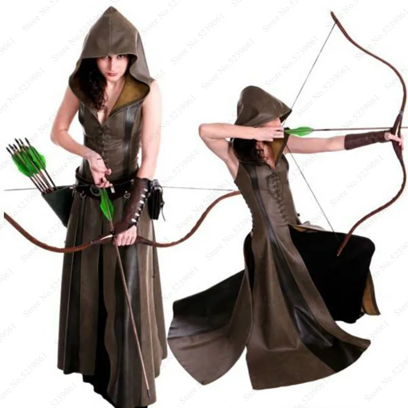 

Medieval Gothic Ranger Cosplay Costume Women Larp Archer Maxi Steampunk Dress Hooded Cloak Lace-Up Leather Gown Long Robe