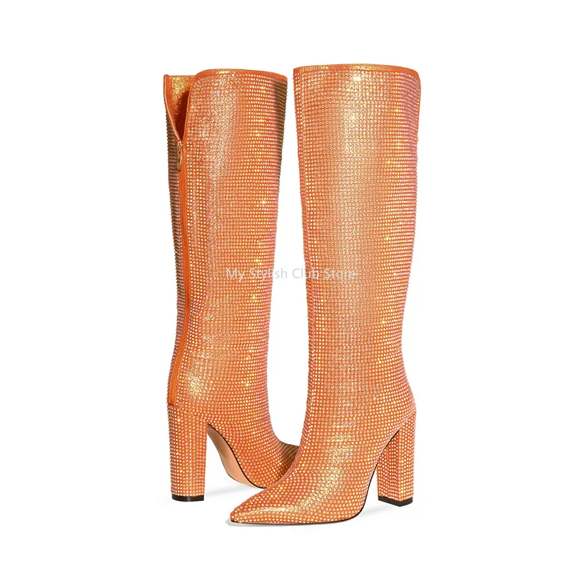 Женские сапоги со стразами обувь на толстом квадратном каблуке 11 см Прямые до