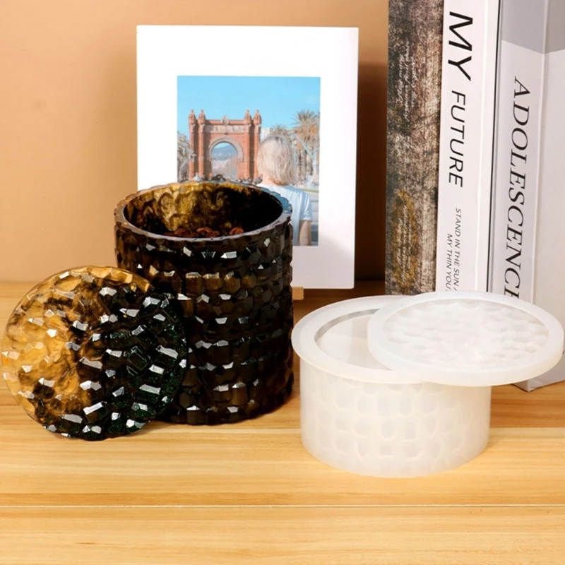 

N58F Diamond Faceted Jar Silicone Mold Storage Box Resin Mold with Lid DIY Jewelry Trinket Candy Container Home Organizer