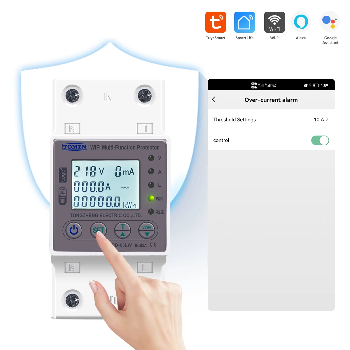 Умный переключатель smartlife 1P + N 63 А Wi-Fi измеритель энергии в кВтч измеряемая цепь