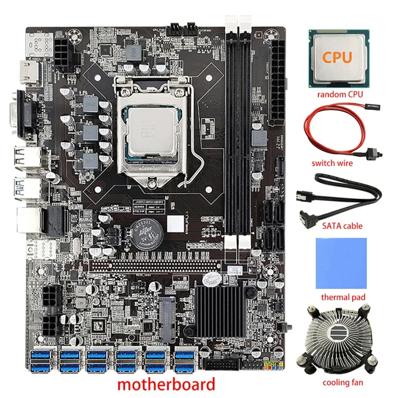 

ETH/BTC 12 GPU B75 Mining Motherboard+CPU+Fan+Thermal Pad+SATA Cable+Switch Cable 12 USB3.0 (PCIE) LGA1155 DDR3 SATA3.0