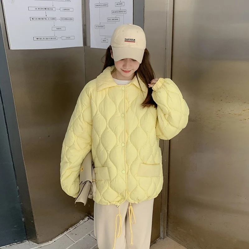 Solid Rhombus Pattern Winter Women Parkas Jacket Retro Turn Down Collar Loose Cotton Padded Coat Clothes Winter Fashion