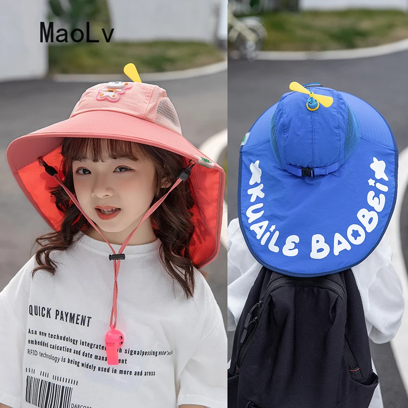 Child Wide Brim Fishing Hat With Neck Cover Girl's Quick Drying UV Protection Sun Hat Adjustable Letter Cartoon Boy Bucket Hat