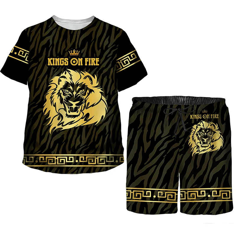 New Summer Lion Print 3d Shirt Shorts Suit Unisex Oversized Tshirt Black Tracksuit Set Fashion Casual 2023 Men Oversized Clothes