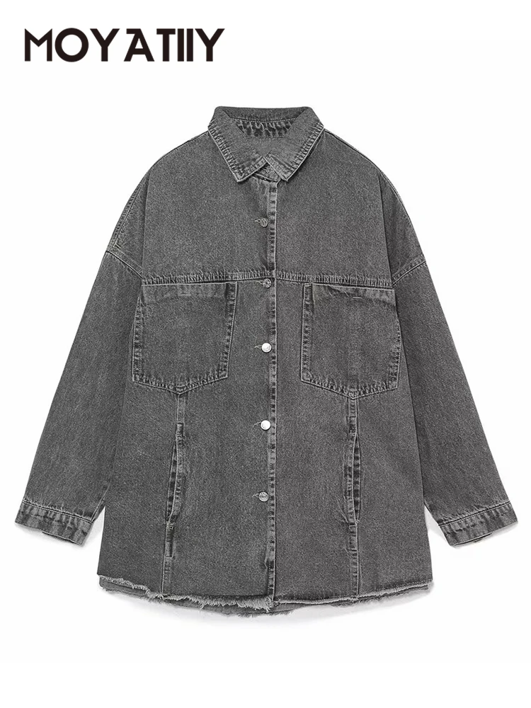 

MOYATIIY 2022 New Women Denim Jacket Coat Buttons Ladies Highstreet Jackets Long Sleeve Loose Outwear