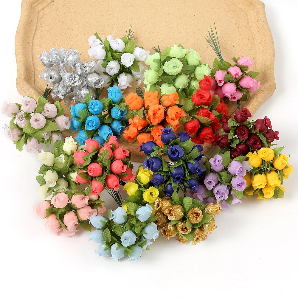 

12PCs/lot Mini Artificial Rose Flowers Bouquet Silk Fake Flowers For Home Decor Wedding Decoration Craft Wreath Gift Accessories