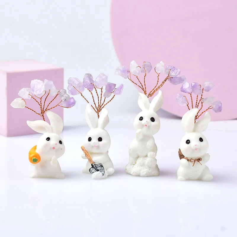 

Natural Amethyst Loveliness Rabbit Animal Hand-made Lucky Tree Stone Mineral Ornaments Home Decoration Healing Stone Figurine Gi