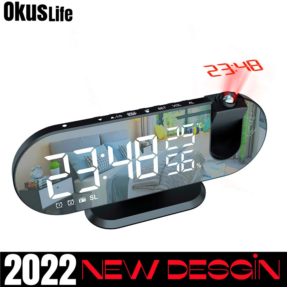 

FM Radio LED Digital Smart Alarm Clock Watch Table Electronic Desktop Clocks USB Wake Up Clock with 180° Time Projection Snooze