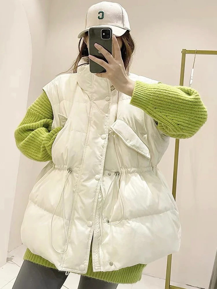 

FTLZZ зимнее женское пальто на белом утином пуху, повседневный женский жилет без рукавов, пуховик, Женская куртка с воротником-стойкой и кулиской