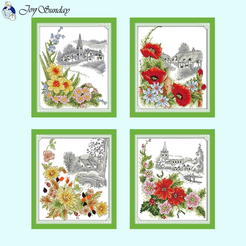

Four Seasons Flower Series Joy Sunday Stamped Cross Stitch Kit 14CT Count 16CT 11CT Printed Fabric DIY Floral Pattern Embroidery