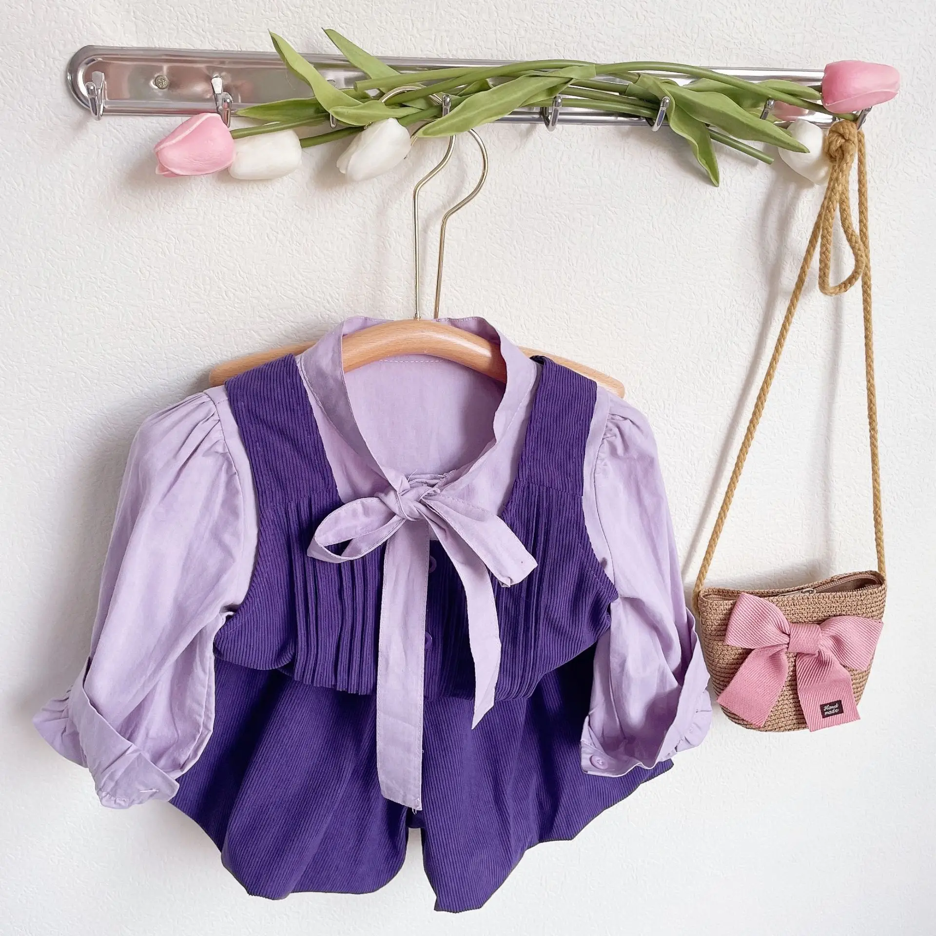 Children Tie Up Stand Collar Long Sleeve Shirt+corduroy Vest+shorts Three Pieces Girls Cute Sets