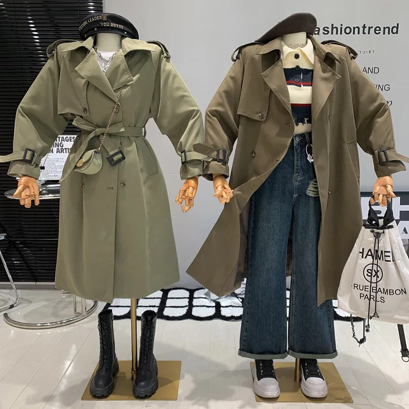 

New Women's Clothing 2022 Autumn Green coat medium long style Long sleeve lace up trench With belt