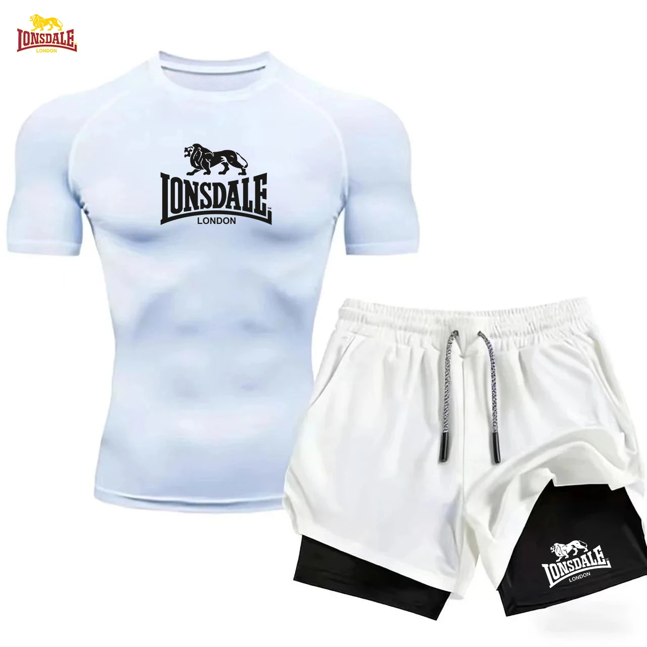 Фото LONSDALE - Мужская хлопковая спортивная одежда, быстросохнущие комплекты спортивной одежды, летние футболки с короткими рукавами, + комплект для утренних пробежек 2-в-1. №3