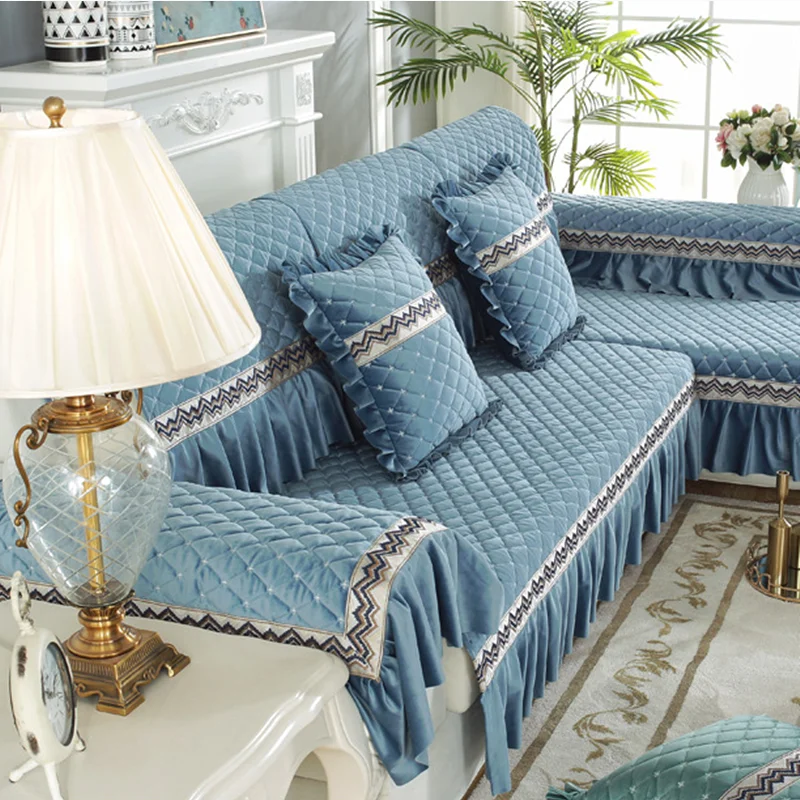 

1pcs Solid Velvet Sofa Cushion Blue Hemline L Shape Style Recliner Non-slip Chair Seat Cover Sofa Sheet for Living Room Seat
