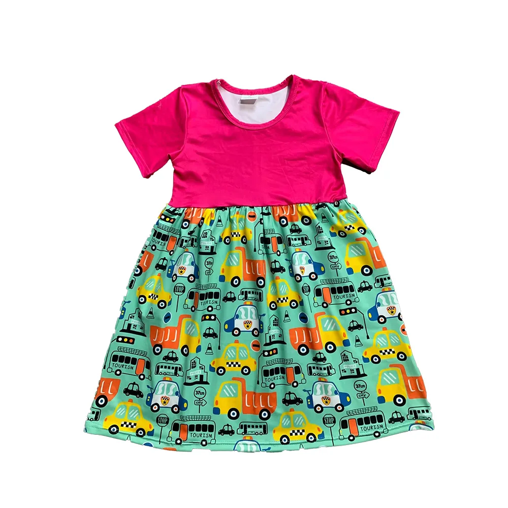 

New Summer Toddler Girl Dress Short Sleeve Cartoon Cute Dresses Robotic School Bus Casual Dresses