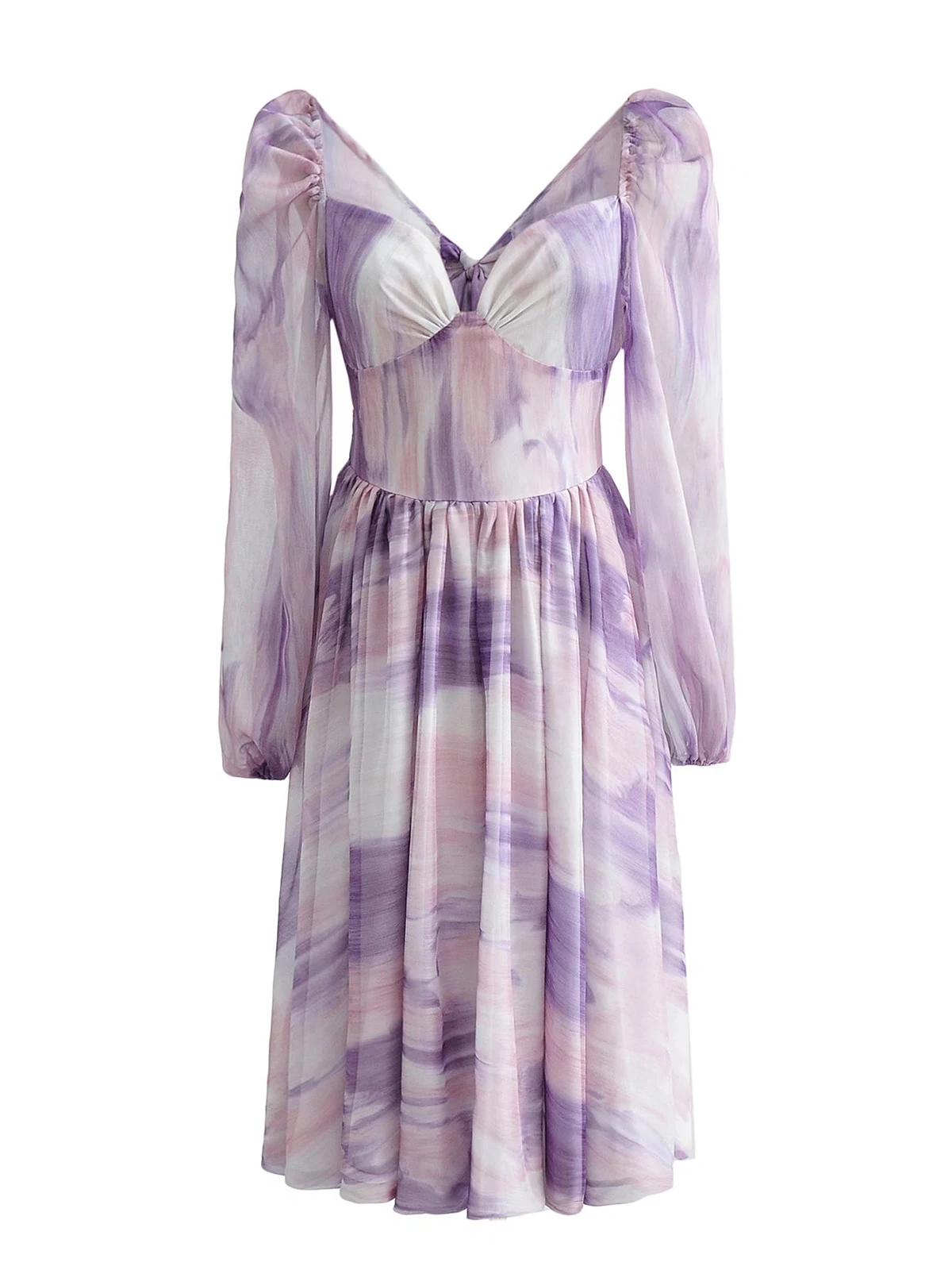 

YENKYE 2022 Women Fashion Backless Bow Dress Vintage Print Sexy Collar Long Sleeve A-line Summer Chiffon Dress Ladies Fairy Robe
