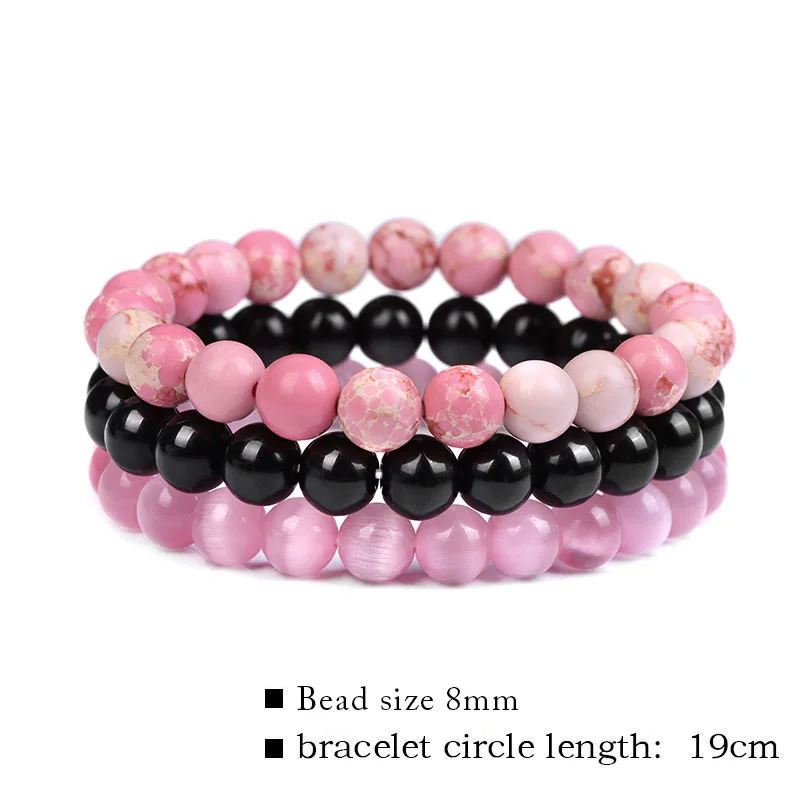 3pcs Beaded Bracelet 8mm Black Onyx Rhodonite Cat Eye Stone Beads Bracelets Set for Women Men Elastic Energy Jewelry - купить по