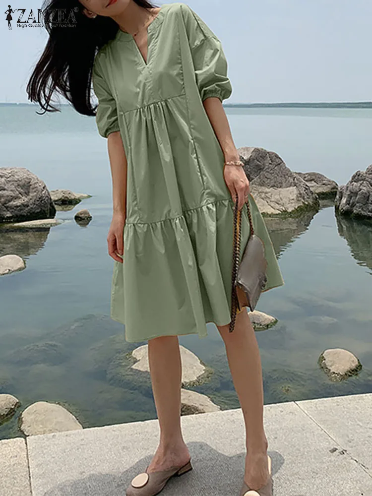 

Платье ZANZEA женское Плиссированное в несколько рядов, модный короткий сарафан до колен с пышными рукавами, повседневный свободный сарафан с V-образным вырезом, на лето