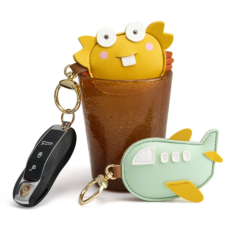 

1PC Leather Key Ring Card Bag Car Pendant Cartoon Keychain Anti-Lost Case Creative Men Women Couple Gift