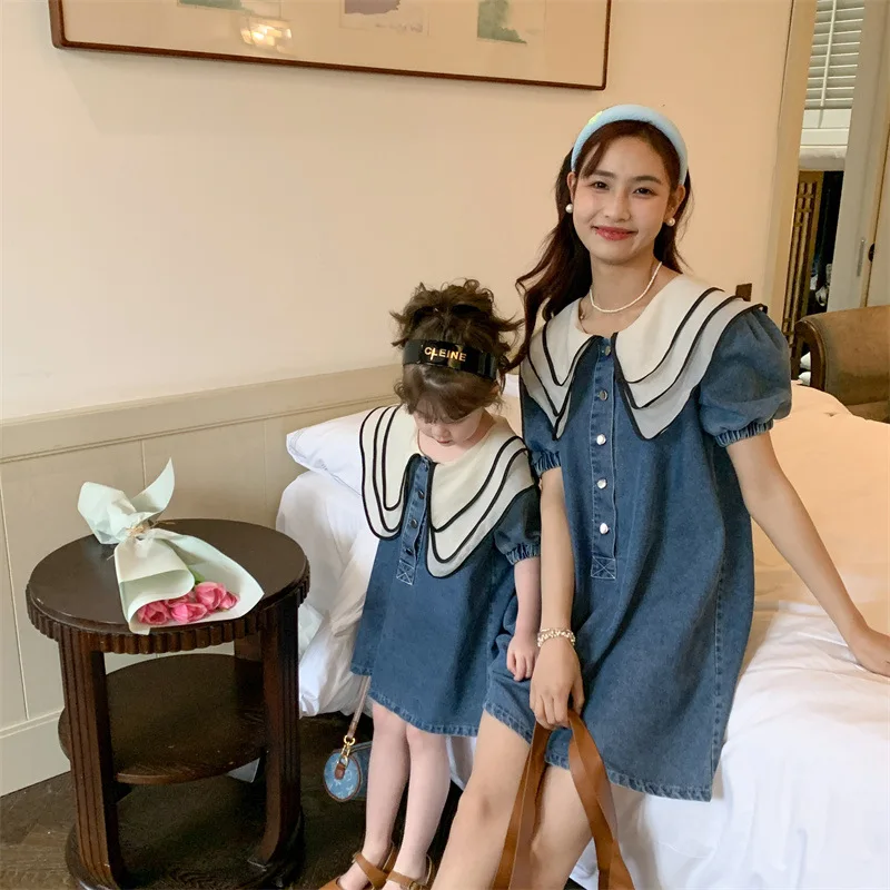 

Mother Baby Daughter Dressess 2022 Parent-Child Matching Denim Collar Dress For Baby Girls Clothing Fashion Women Summer Clothes