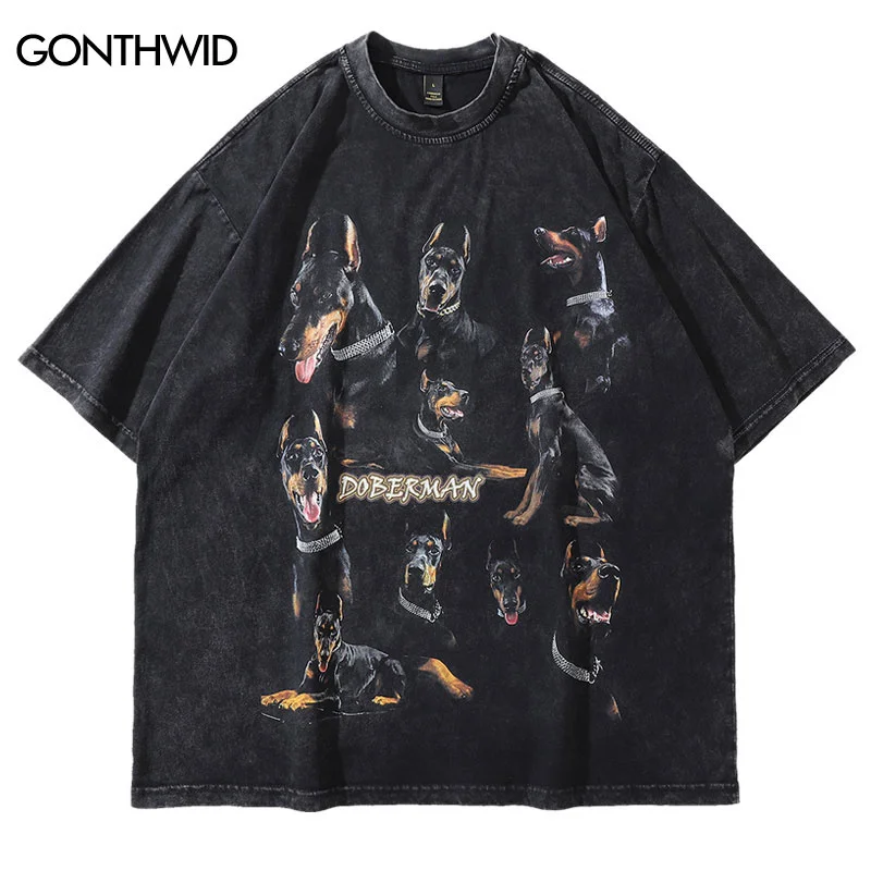 

Oversize Distressed T Shirts Hip Hop Vintage Doberman Dog Print Punk Rock Gothic Tshirt Streetwear 2023 Harajuku Casual T-Shirt