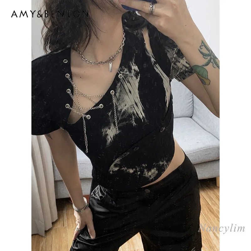 

Футболка женская с цепочкой, уличный асимметричный черный топ с коротким рукавом, с вырезами, Y2k, на лето