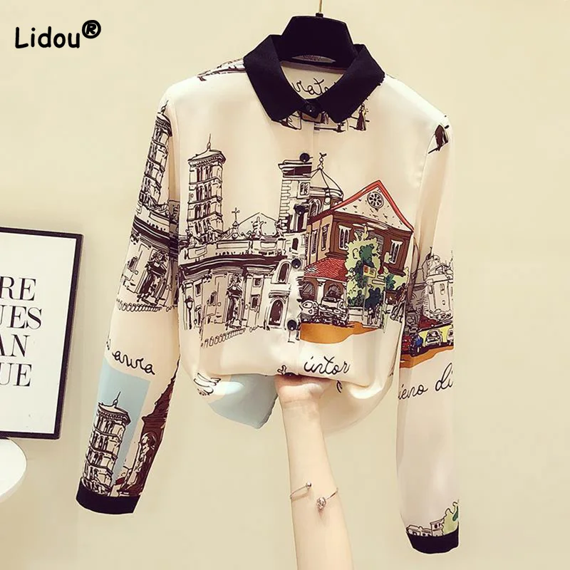 

2022 New Retro Fashion Polo-Neck Pattern Printing Button Long Sleeve Top Simplicity Slim Chiffon Shirt Spring Women's Clothing