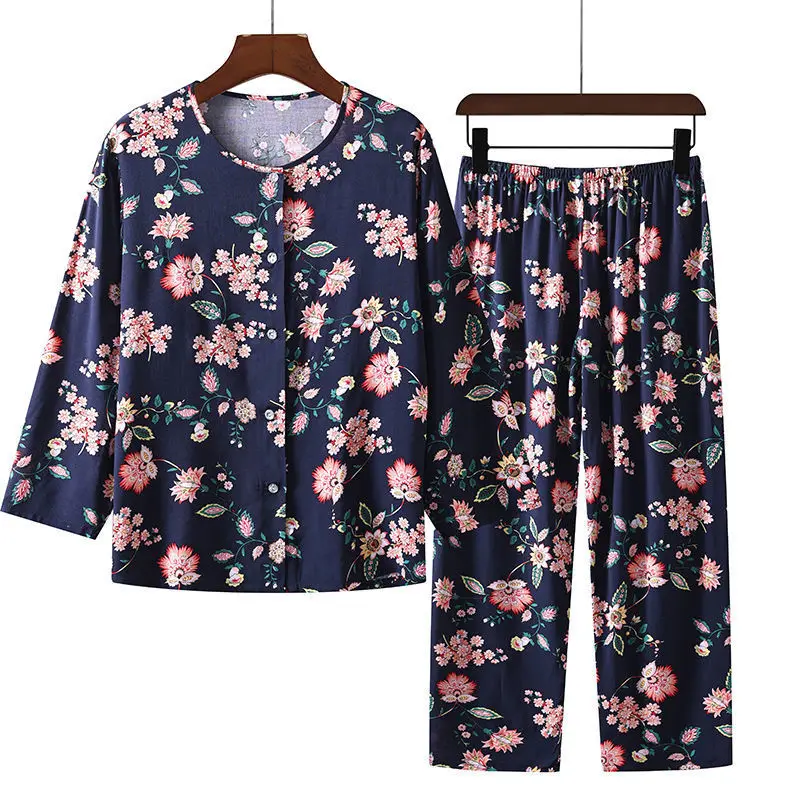 Fdfklak Floral Home Wear For Middle-Aged Mother Spring/Summer Long Sleeved Trouser Pajamas Set 100% Viscose Ladies Sleepwear