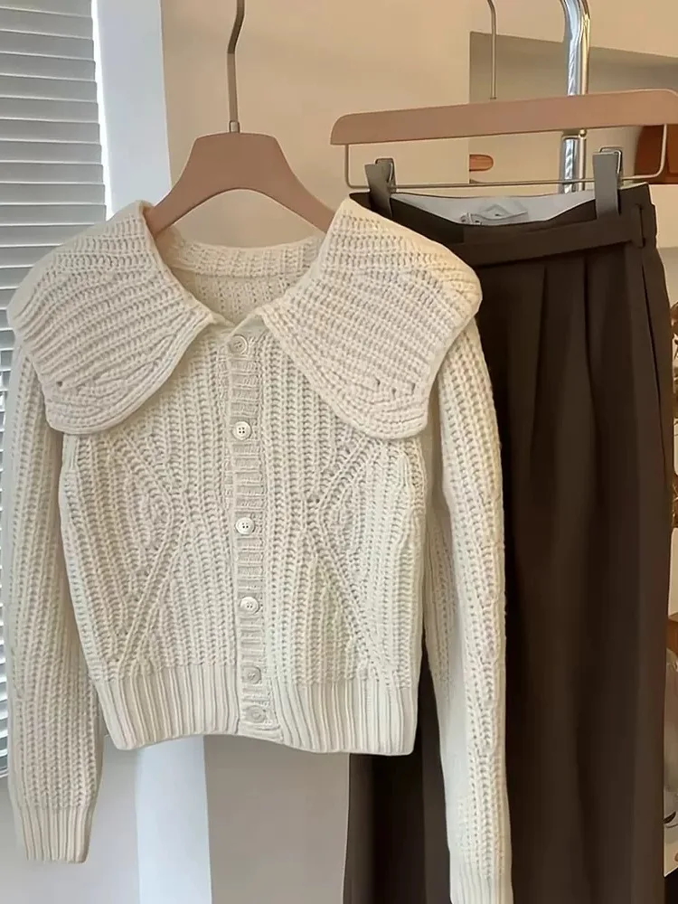 

Кардиган с воротником «Питер Пэн» для женщин, однобортный короткий свитер в Корейском стиле, повседневный свободный Мягкий Вязаный топ, весна-осень